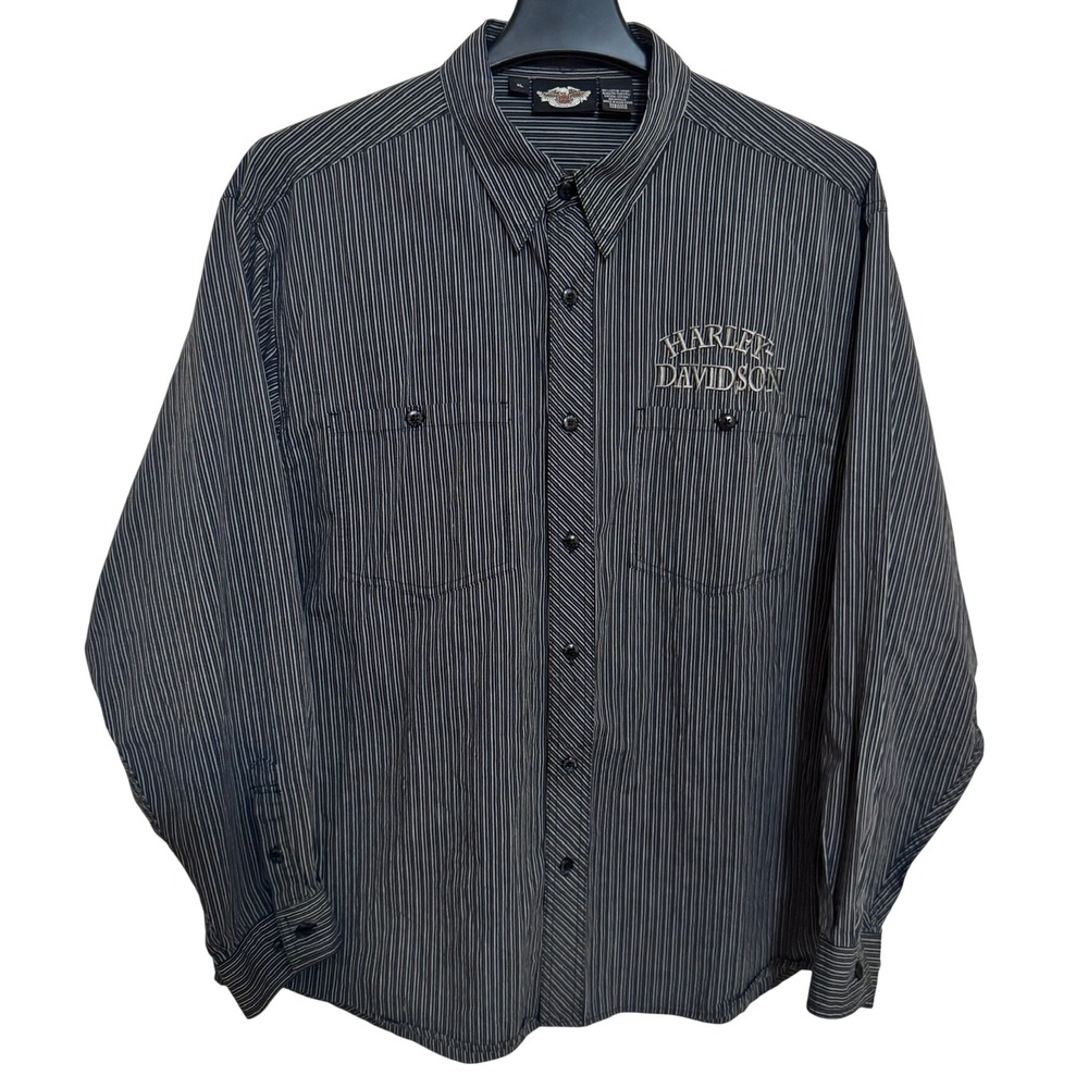 Harley Davidson Button down Shirt Mens XL Black Striped Motorcycle‎ Embroidered